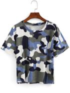 Romwe Blue Camouflage Short Sleeve T-shirt