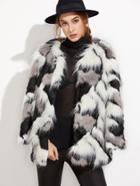 Romwe Patchwork Open Front Faux Fur Coat