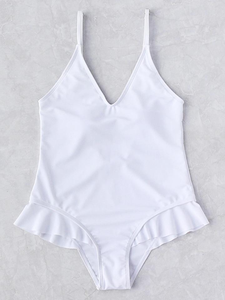 Romwe Flounce Detail Plunge Neckline One Piece Swimwear