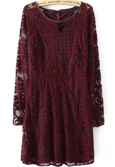 Romwe Long Sleeve Lace Embroidered Wine Red Dress