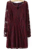 Romwe Long Sleeve Lace Embroidered Wine Red Dress