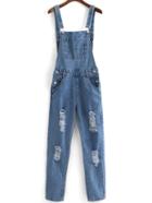 Romwe Strap With Pocket Ripped Denim Blue Jumpsuit
