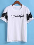 Romwe White Short Sleeve Lace Letters Print T-shirt