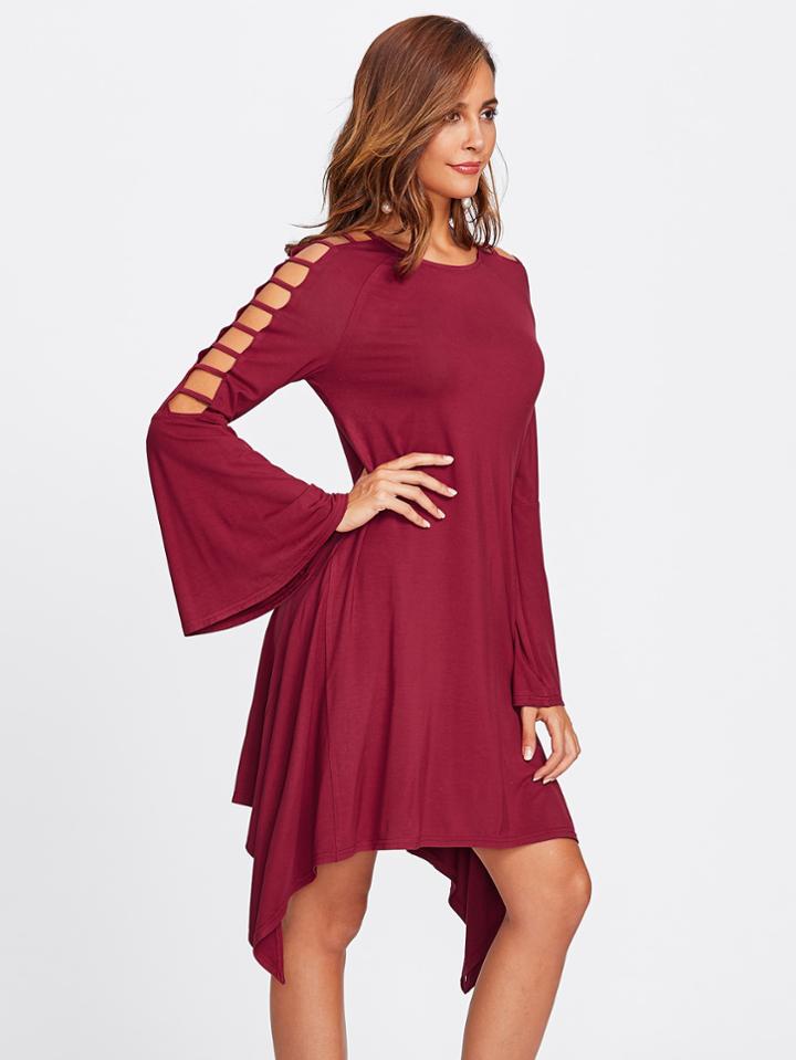 Romwe Ladder Cut Bell Sleeve Hanky Hem Tee Dress
