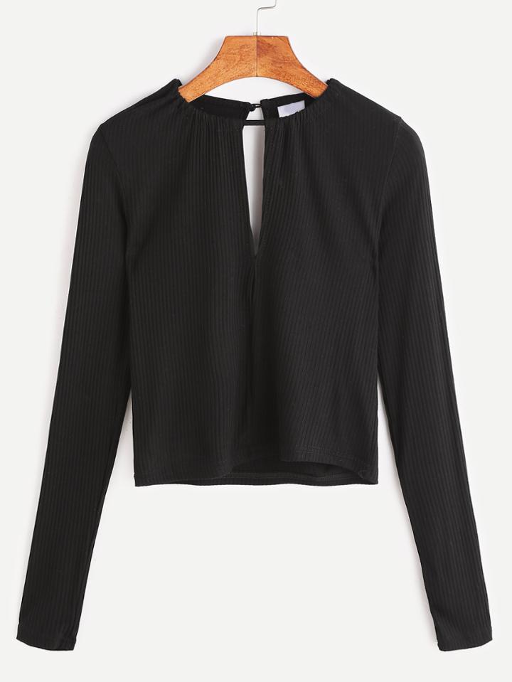 Romwe Black Keyhole Back Cutout Front Crop T-shirt