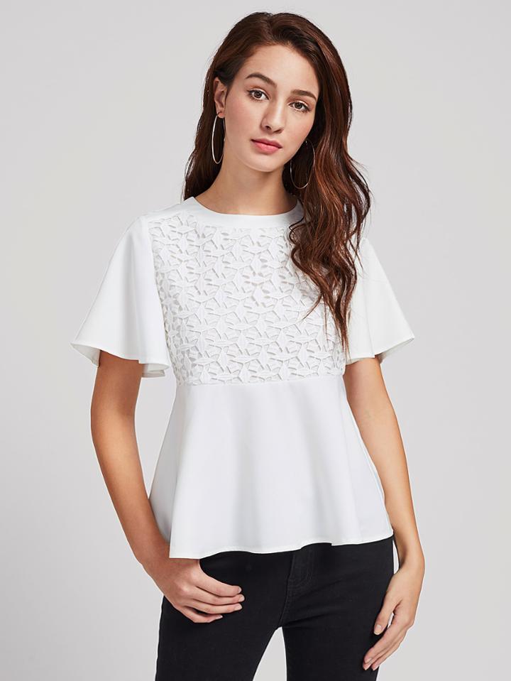 Romwe Lace Crochet Overlay Bell Sleeve Peplum Top