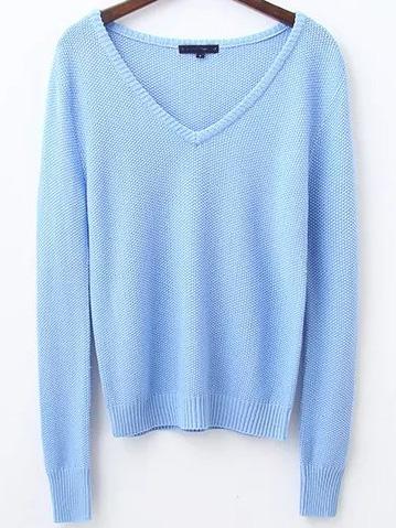 Romwe Blue V Neck Ribbed Trim Knitwear