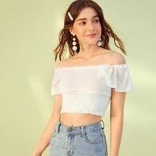 Romwe Swiss Dot Shirred Off Shoulder Crop Blouse