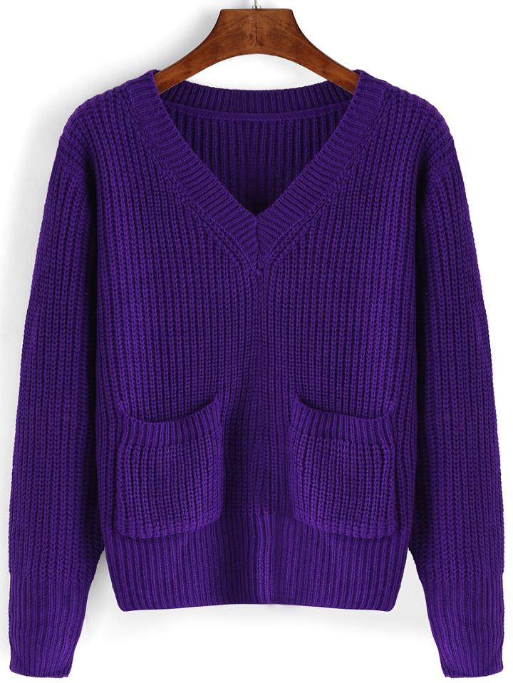Romwe V Neck Purple Jumper With Pockets