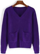 Romwe V Neck Purple Jumper With Pockets