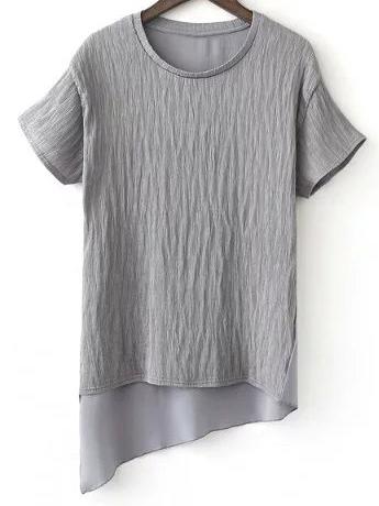 Romwe Grey Round Neck Irregular Hem Short Sleeve Blouse