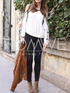 Romwe Beige Cold Shoulder Embroidered Blouse