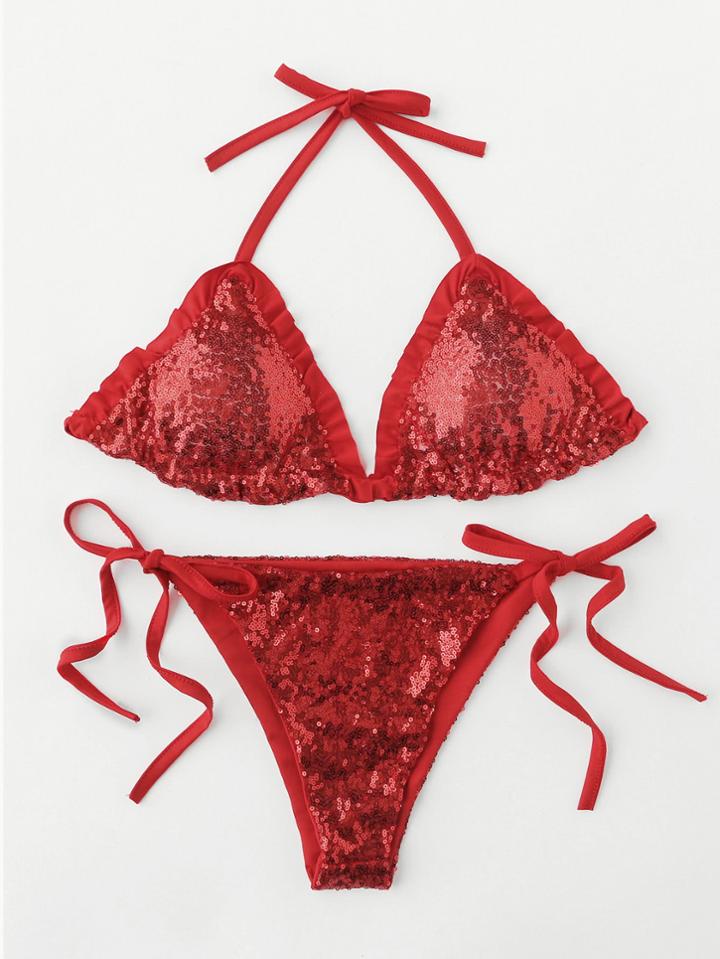 Romwe Frill Detail Side Tie Sequin Bikini Set
