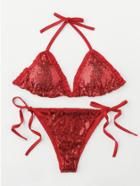 Romwe Frill Detail Side Tie Sequin Bikini Set