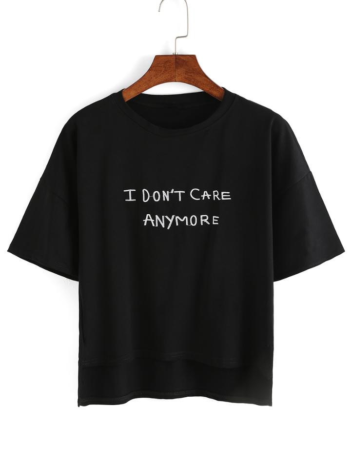 Romwe Letter Embroidered High Low T-shirt - Black