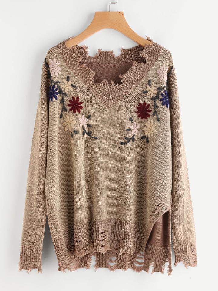 Romwe Flower Embroidered Destroyed Jumper