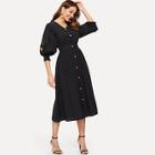 Romwe Floral Embroidered Bishop Sleeve Button Front Dress