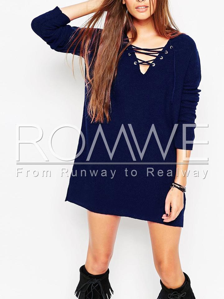 Romwe Navy V Neck Lace Up Dress