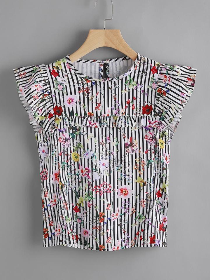 Romwe Striped Calico Print Frill Trim Keyhole Back Top