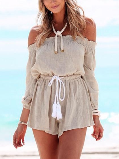 Romwe Khaki Off The Shoulder Tassel Tie Waist Romper