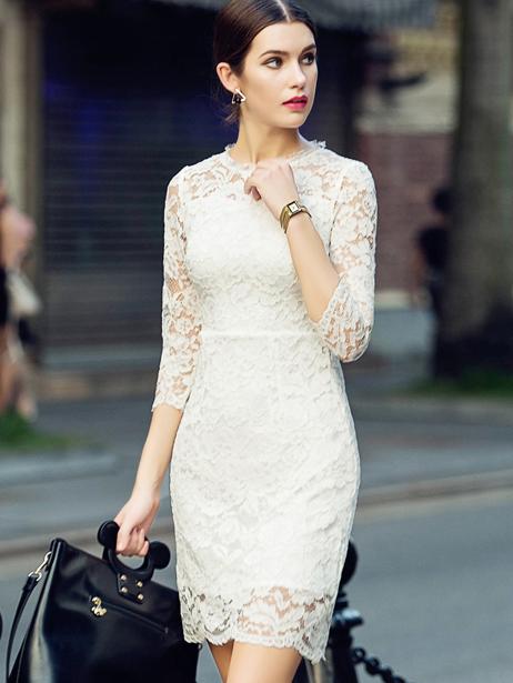 Romwe White Round Neck Length Sleeve Lace Dress