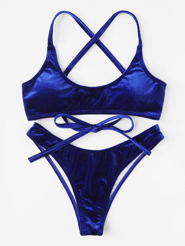 Romwe Lace Up Back Velvet Bikini Set