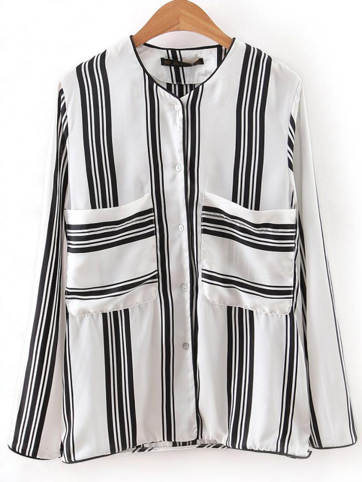 Romwe Black And White Stripe Button Blouse