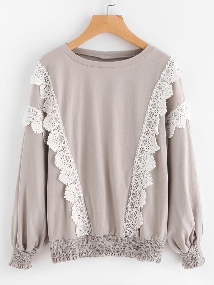 Romwe Lace Trim Shirred Hem Sweatshirt
