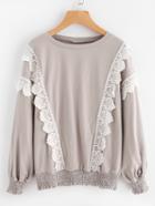 Romwe Lace Trim Shirred Hem Sweatshirt