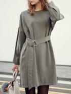 Romwe Long Sleeve Belt Slit Shift Dress