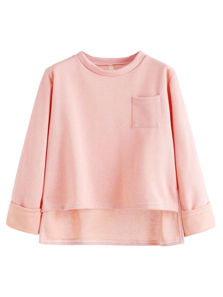 Romwe Pink Dip Hem Pocket Cuffed T-shirt