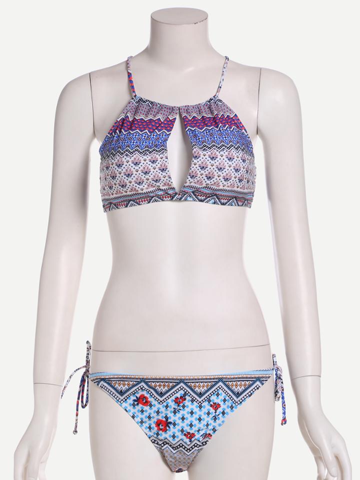 Romwe Multicolor Floral Print Keyhole Bikini Set