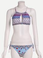 Romwe Multicolor Floral Print Keyhole Bikini Set
