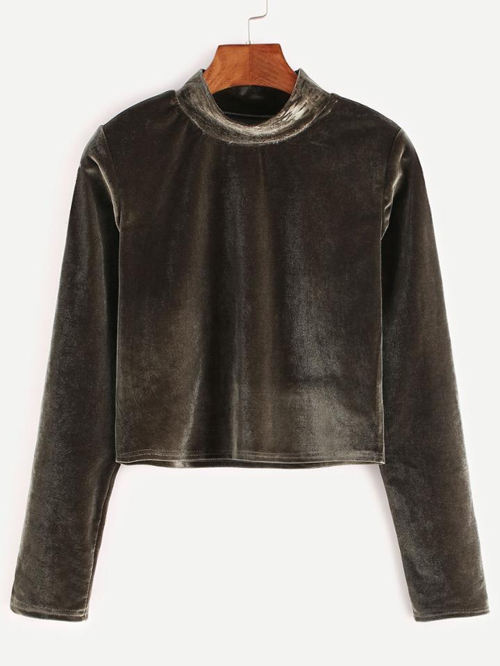 Romwe Army Green Velvet High Neck Crop T-shirt
