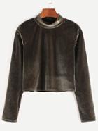 Romwe Army Green Velvet High Neck Crop T-shirt