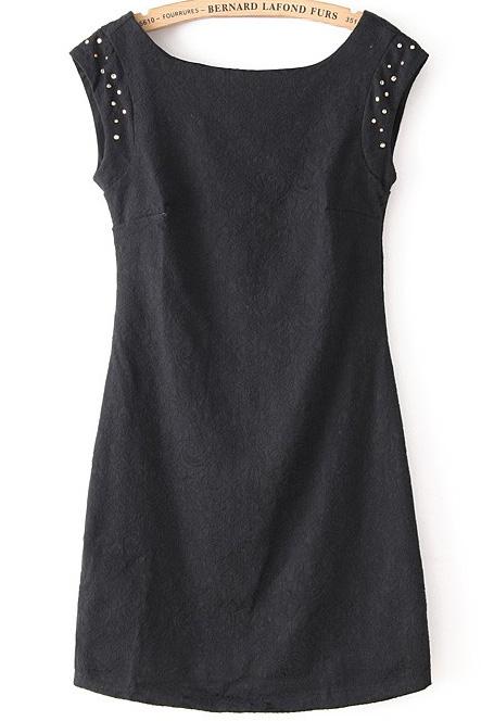 Romwe Black Sleeveless Bead Jacquard Dress