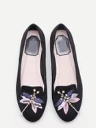 Romwe Black Rhinestone And Beaded Dragonfly Embellished Flats