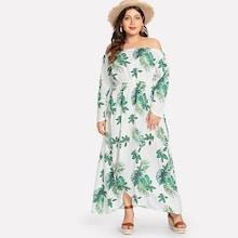 Romwe Plus Off Shoulder Palm Tree Print Dress
