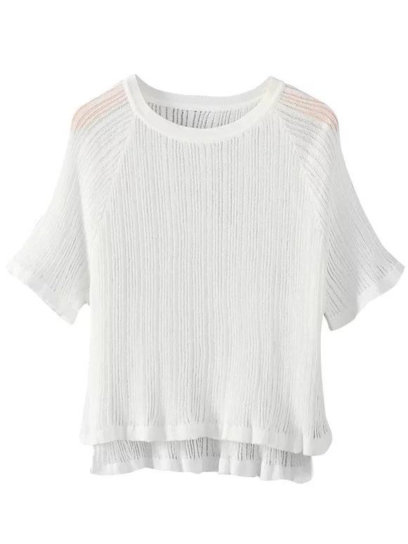 Romwe White Round Neck High Low T-shirt