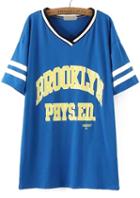 Romwe V Neck Letter Print Blue T-shirt