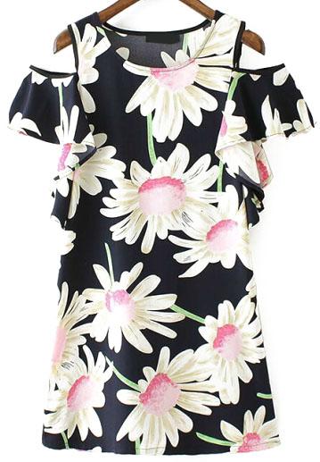 Romwe Open Shoulder Florals Shift Dress