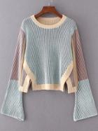 Romwe Color Block Bell Sleeve Asymmetrical Sweater
