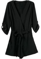 Romwe Black V Neck Half Sleeve Tie-waist Jumpsuit