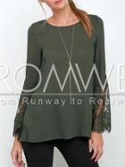 Romwe Army Green Long Sleeve With Lace Blouse