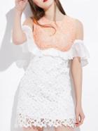 Romwe Ruffle Open Shoulder Contrast Lace Dress - White