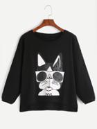 Romwe Black Dog Print Drop Shoulder High Low Sweatshirt