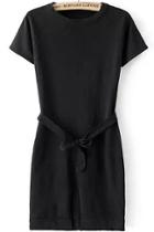 Romwe Short Sleeve Split With Belt Black Dress