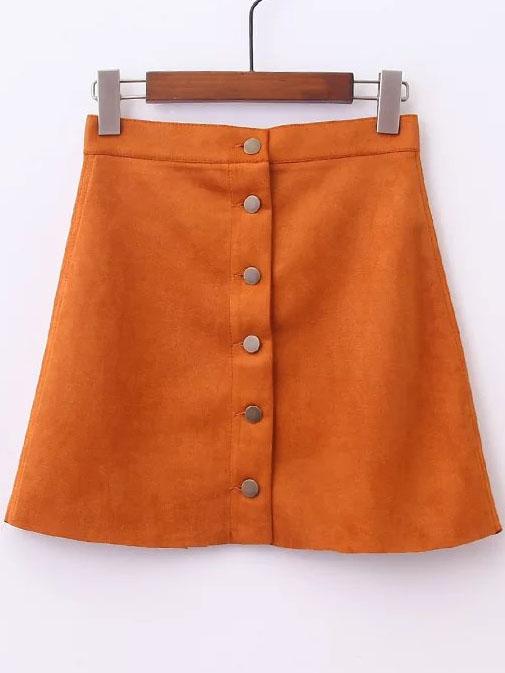 Romwe Khaki Single Breasted A-line Suede Skirt