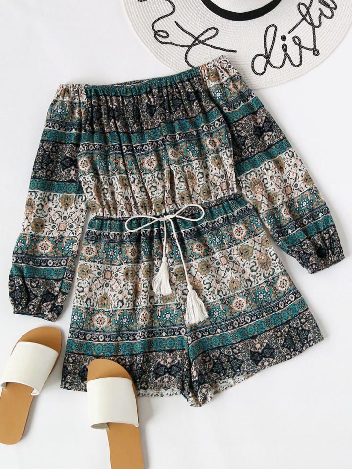 Romwe Off Shoulder Tribal Print Tassel Romper