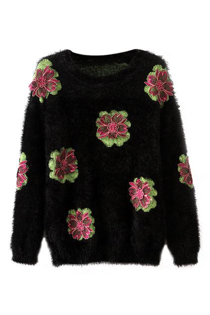 Romwe Flower Embroidered Black Mohair Jumper